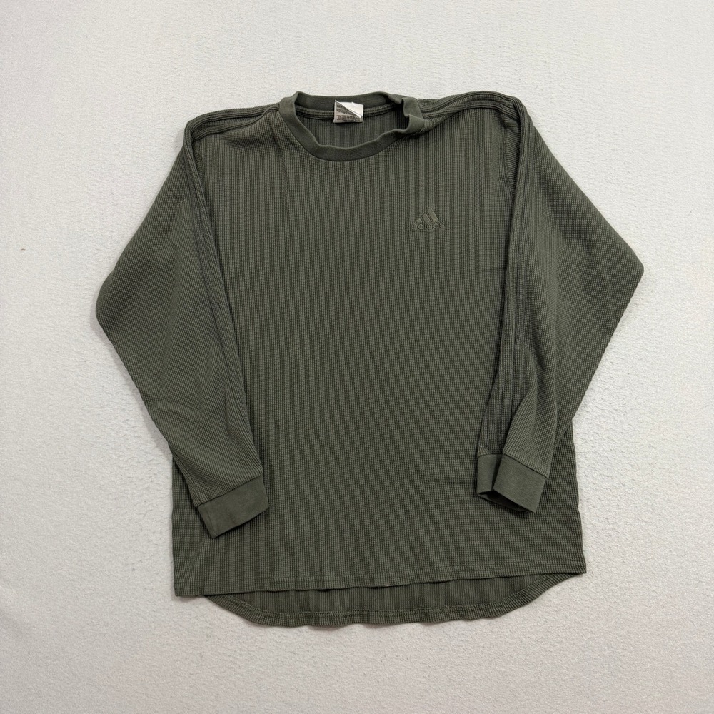 Vintage Adidas Shirt Large Green Waffle Knit Long Sleeve Pullover Crewneck 90s
